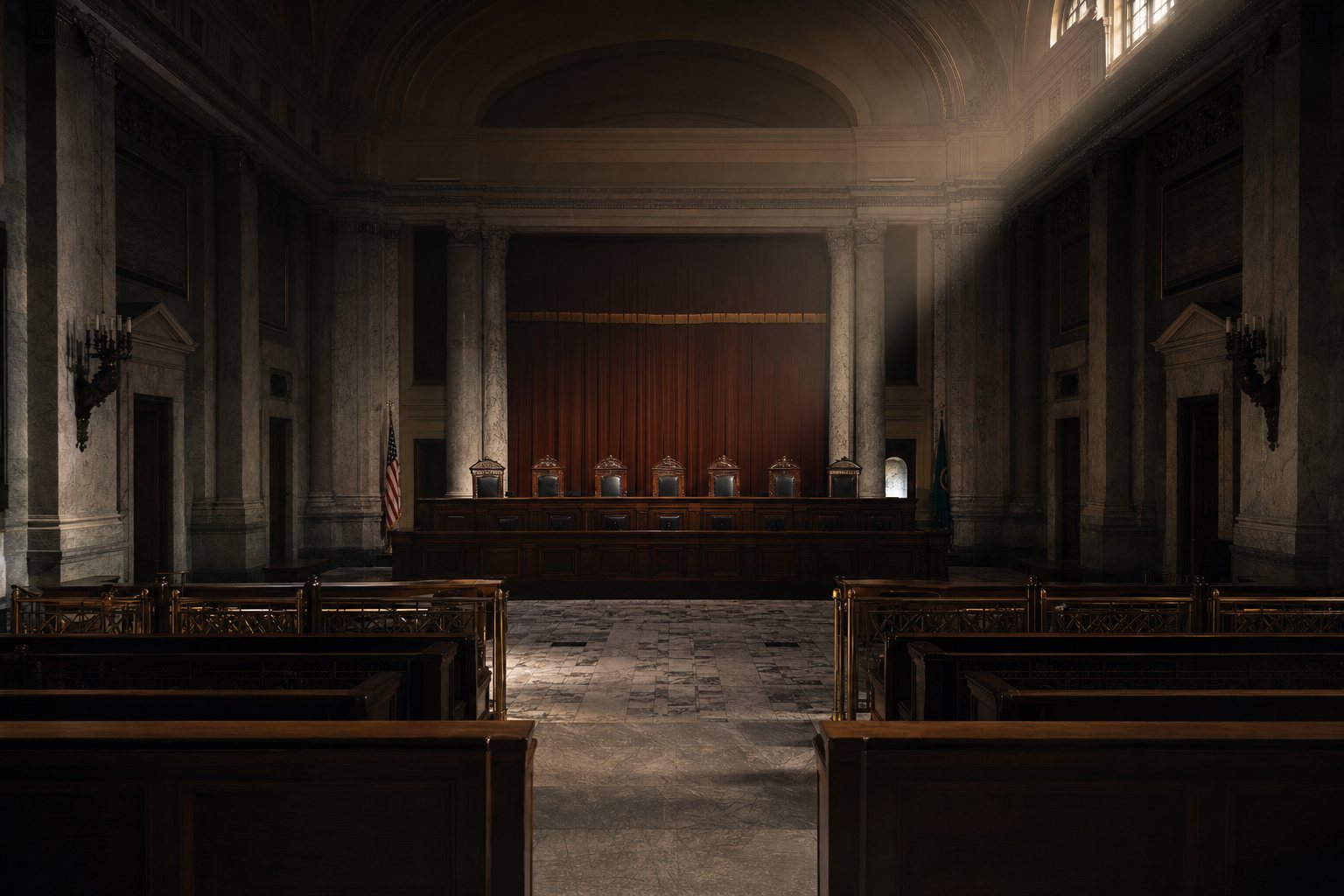 Empty Washington State Supreme Court chamber lit by a single shaft of light through a clerestory window