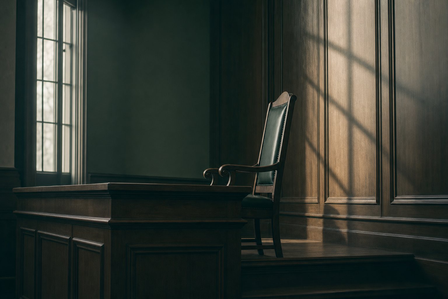 An empty wooden judge's chair raised on a courtroom bench, lit by directional window light
